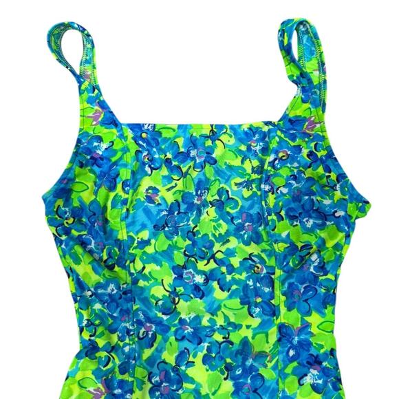 Vintage 90s Daffy Neon Floral Print One Piece Swimsuit 9/10 Green Blue High Cut - Picture 3 of 8
